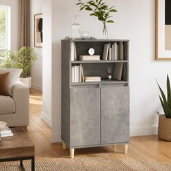 Grey Engineered Wood Highboard Storage Cabinet with Shelves and Doors