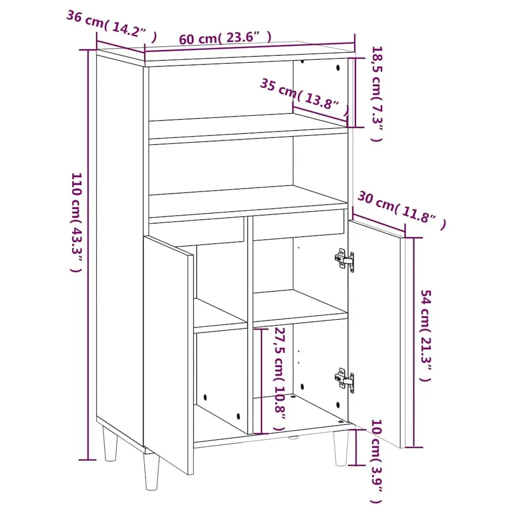 Highboard Storage Cabinet Brown Engineered Wood 60x36x110cm 2 Open Shelves 4 Compartments Dust Protection Sturdy Wooden Feet