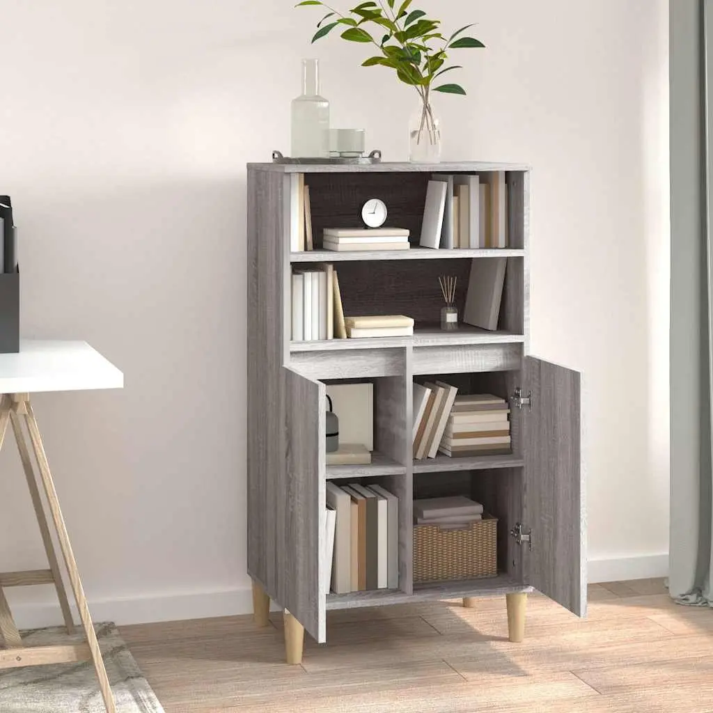 Highboard Grey Engineered Wood 60x36x110cm Storage Cabinet with 2 Open Shelves and 4 Compartments