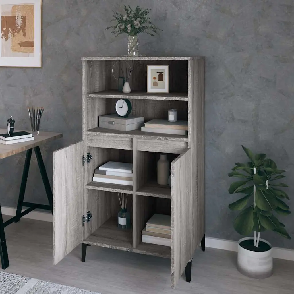 Highboard Grey 60 x 36 x 110 cm Storage Cabinet with Shelves Compartments Engineered Wood