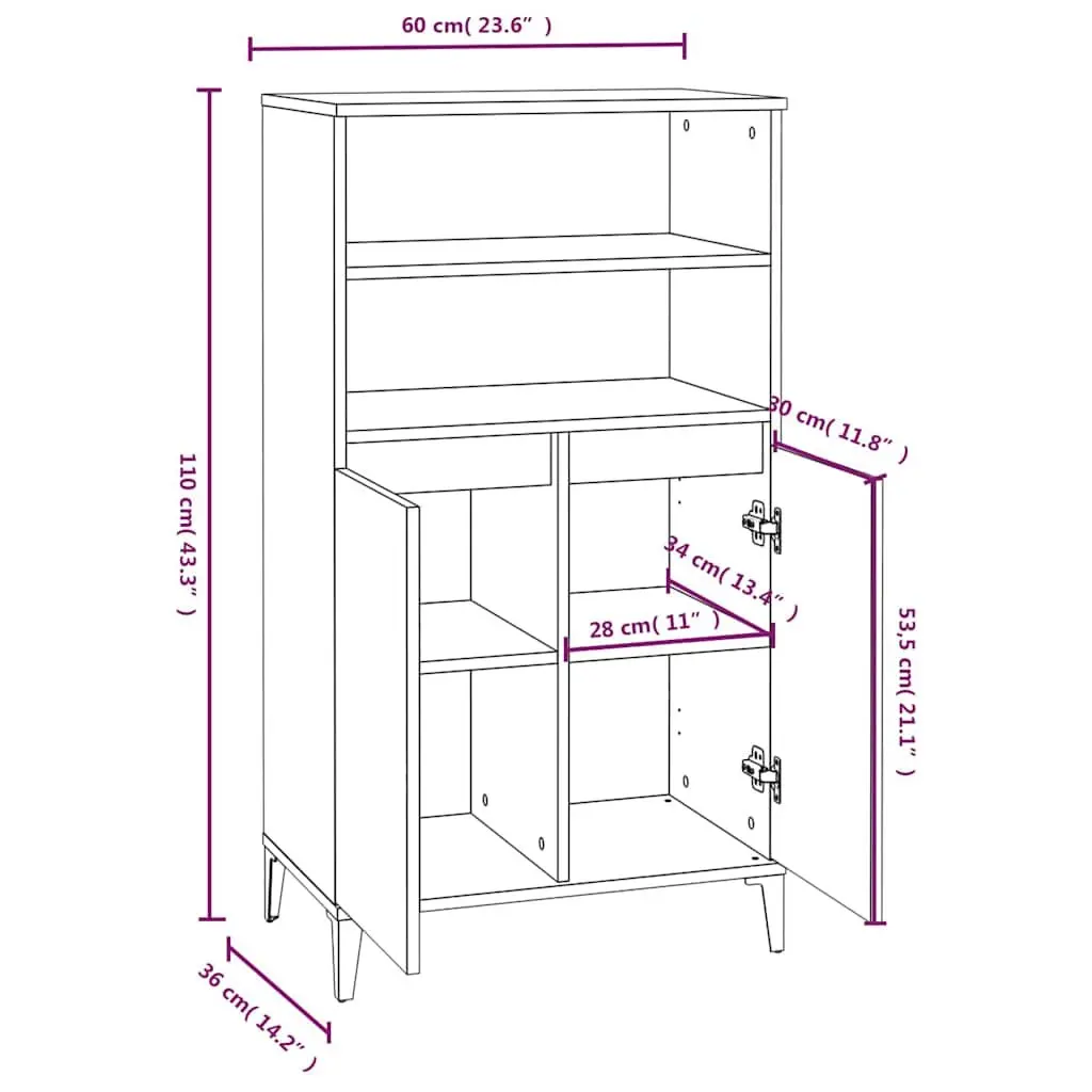 Highboard Grey 60 x 36 x 110 cm Storage Cabinet with Shelves Compartments Engineered Wood