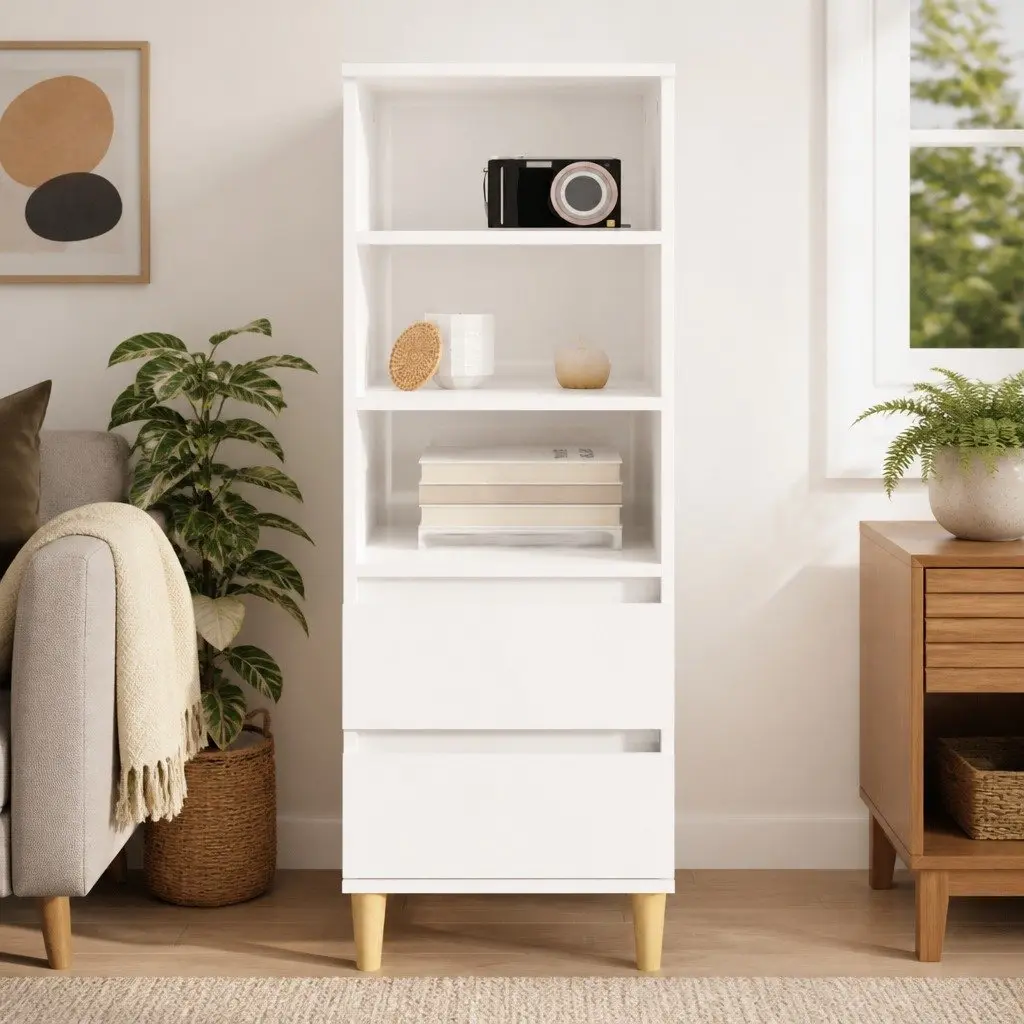 Highboard White Storage Cabinet Engineered Wood 3 Shelves 2 Drawers High Gloss