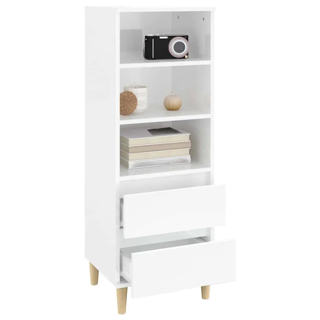 Highboard White Storage Cabinet Engineered Wood 3 Shelves 2 Drawers High Gloss