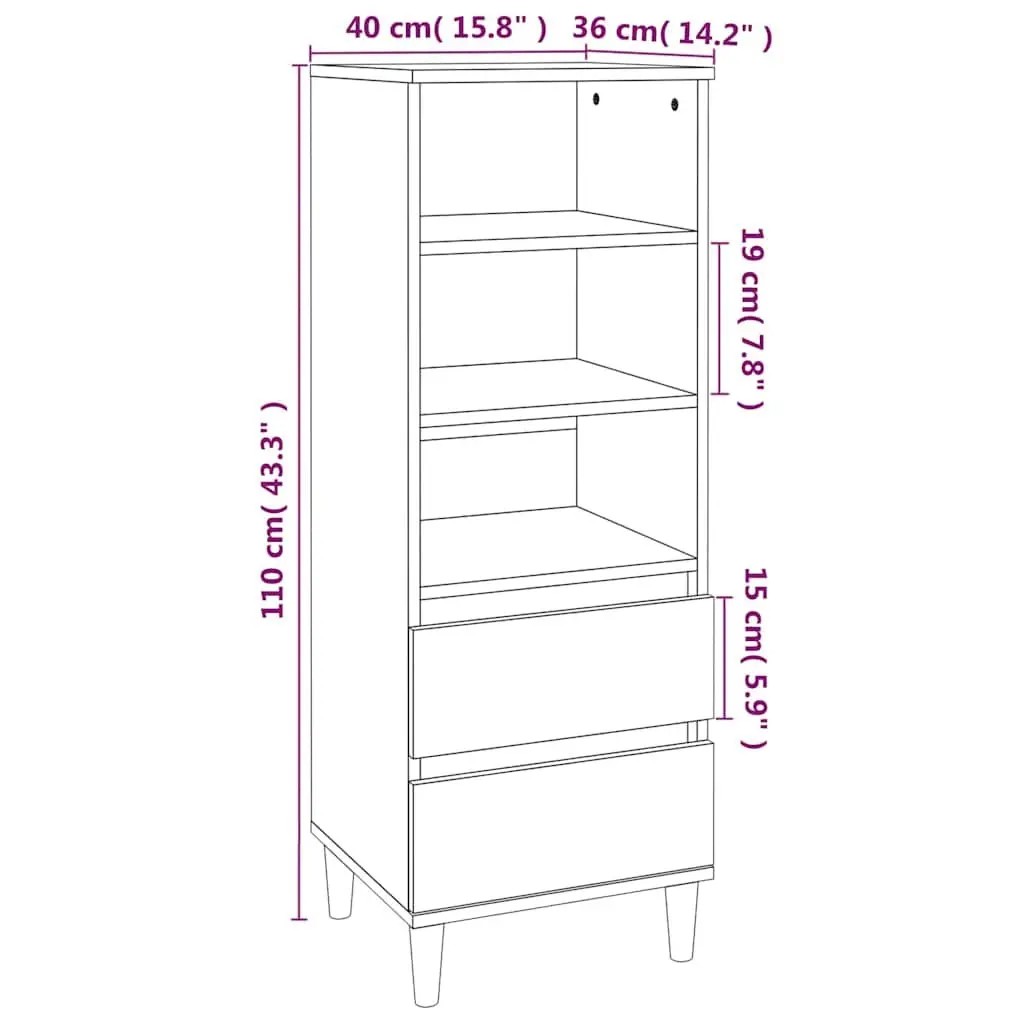 Highboard White Storage Cabinet Engineered Wood 3 Shelves 2 Drawers High Gloss