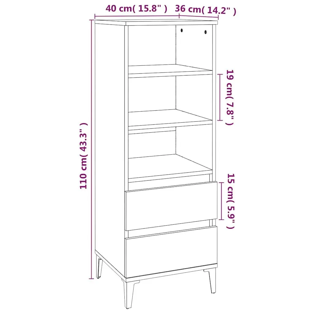 Highboard Storage Cabinet Grey 40x36x110cm Engineered Wood Sideboard with 3 Open Shelves and 2 Drawers