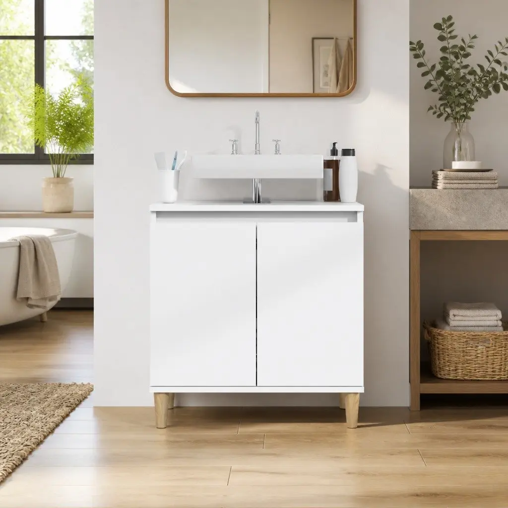 Bathroom Vanity Unit White Engineered Wood 58x33x60cm Storage Cabinet