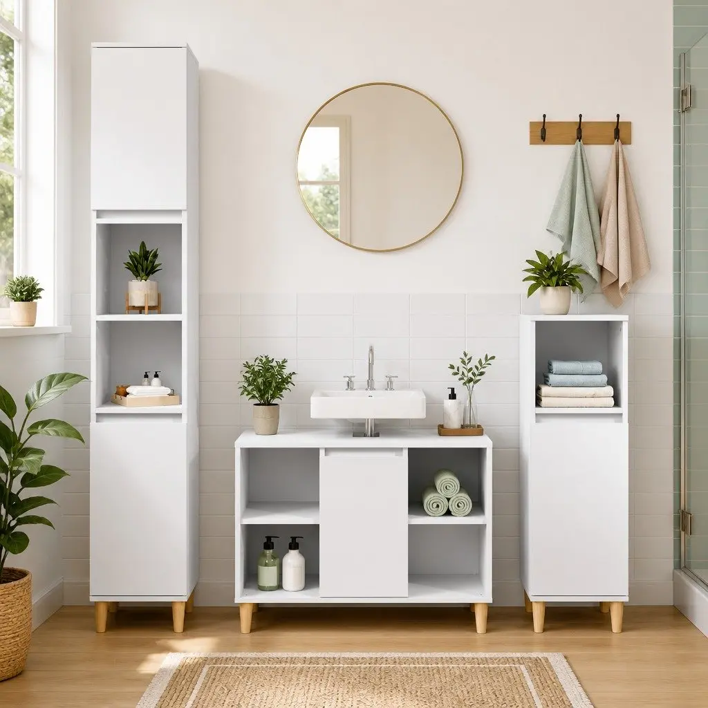 Bathroom Sink Cabinet Storage Unit White 80x33x60 cm Engineered Wood Vanity with 5 Compartments and Moisture Resistant Surface