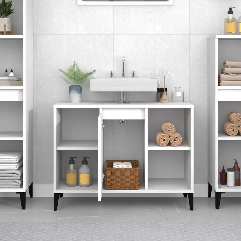 Bathroom Sink Cabinet White 80x33x60cm Engineered Wood Storage Unit with 5 Compartments and Metal Feet
