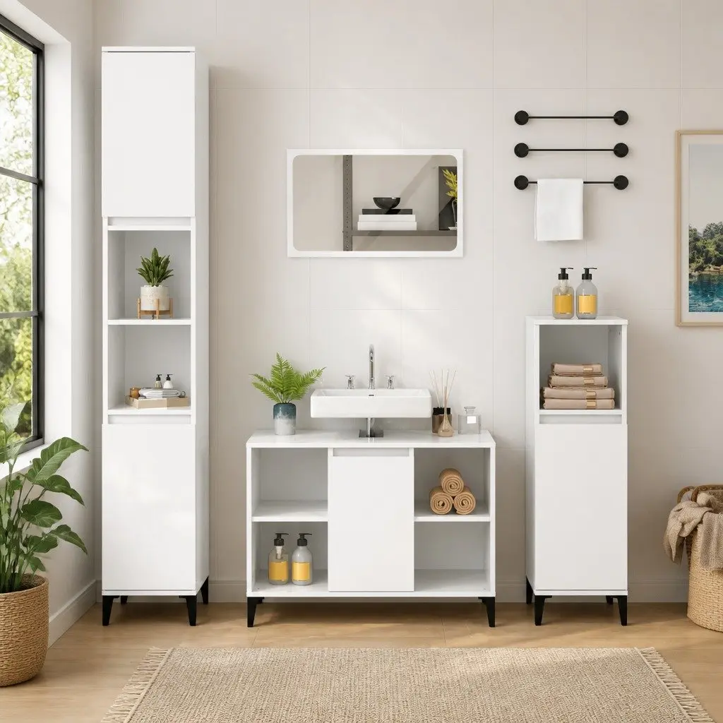 Bathroom Sink Cabinet High Gloss White 80x33x60 cm Engineered Wood Storage Unit with Metal Feet