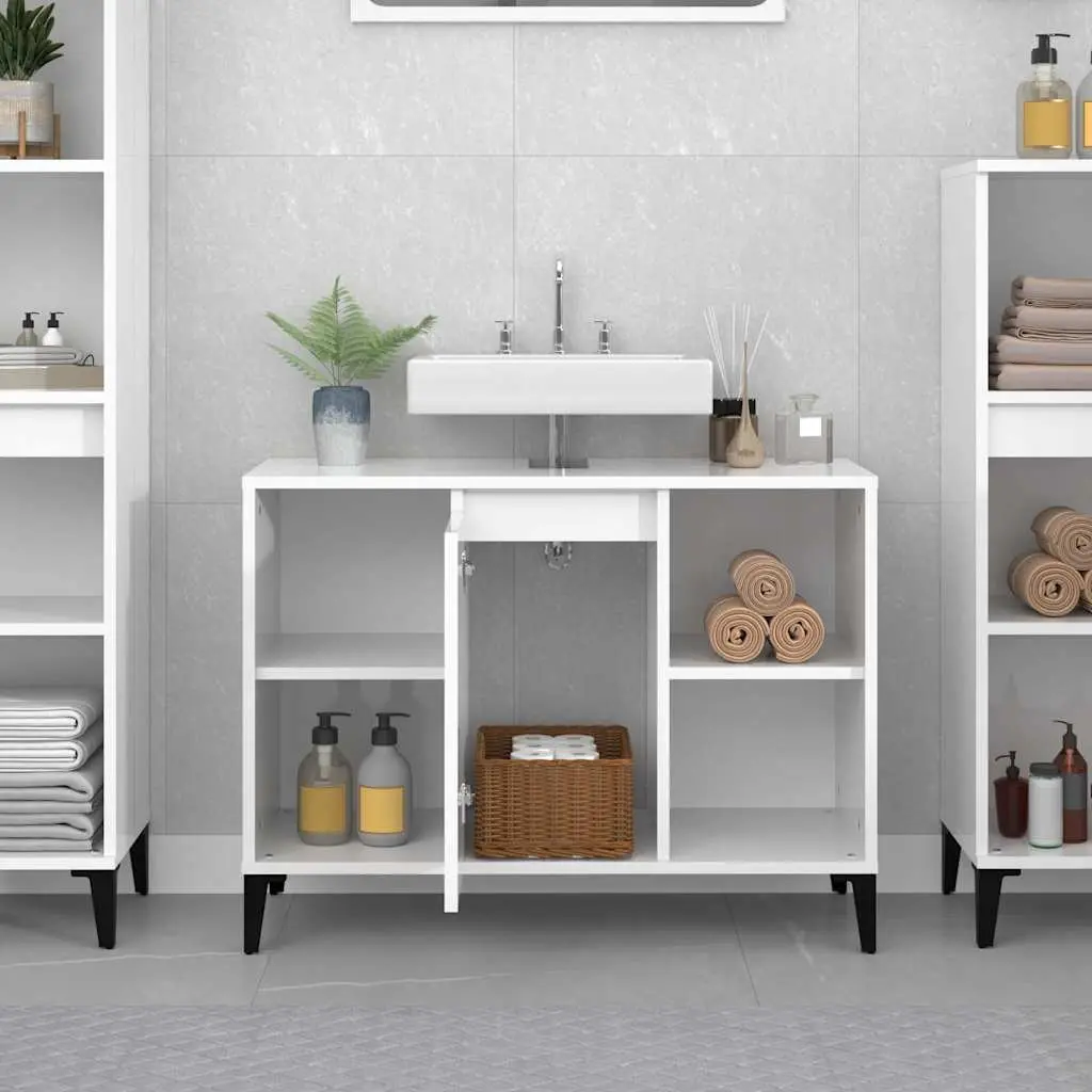 Bathroom Sink Cabinet High Gloss White 80x33x60 cm Engineered Wood Storage Unit with Metal Feet