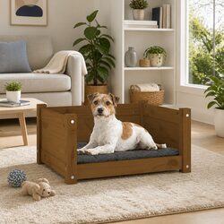 Dog Bed Wooden Rectangular Pet Sleep Nest Brown Furniture for Dogs Puppies