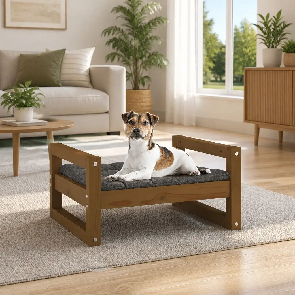 Dog Bed Brown Solid Pine Wood Rectangular Frame Sturdy
