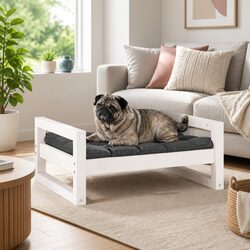 Dog Bed White Rectangular Solid Wood Frame Sleeping Cushion Pet Furniture