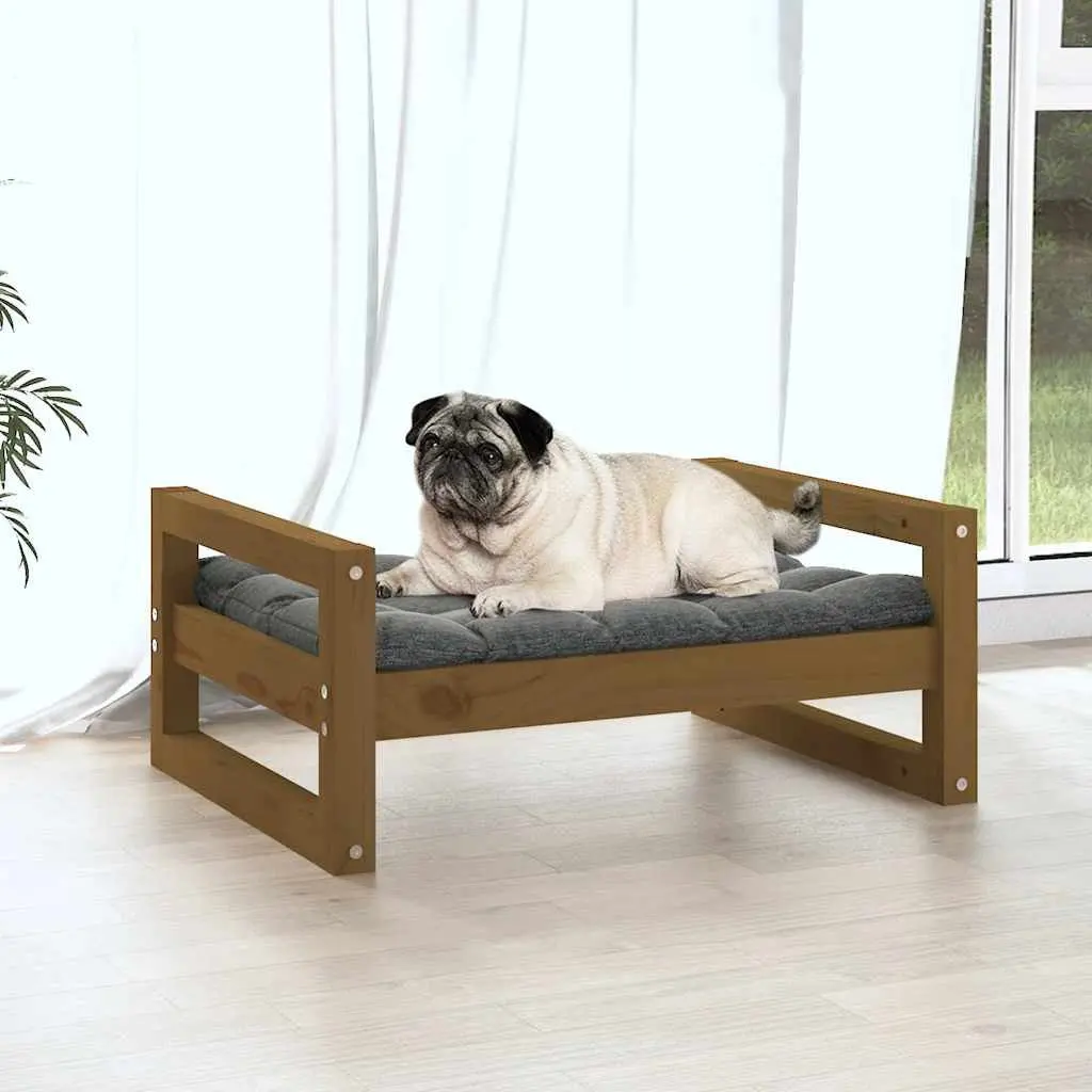 Dog Bed Honey Brown Solid Pine Wood Rectangular Pet Sleeping Cushion Furniture