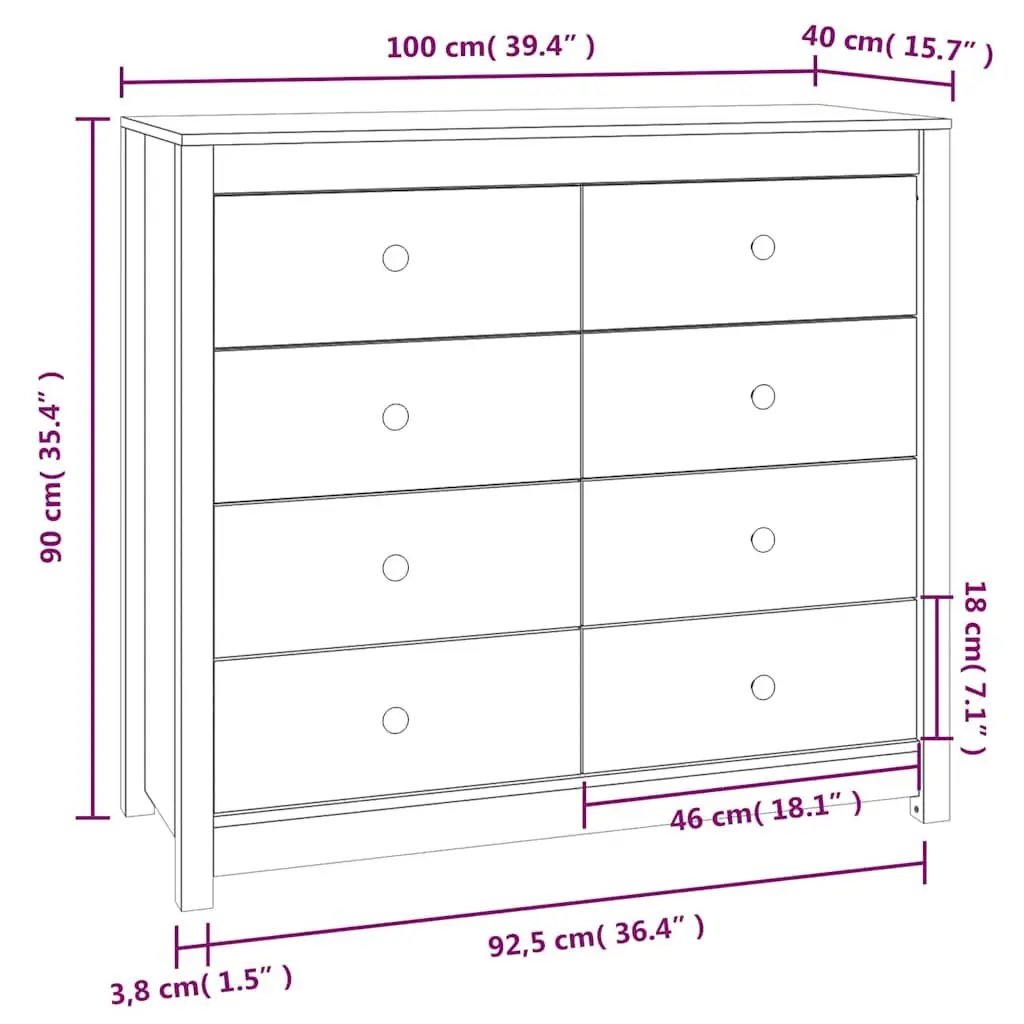 Side Cabinet Brown Solid Pine Wood Storage Drawer 100x40x90 cm