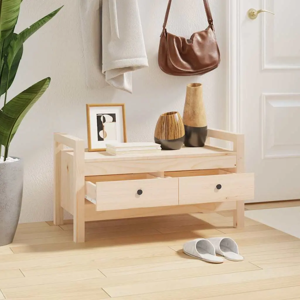 Hall Bench Brown Solid Wood Pine 2 Storage Drawers Entryway Furniture