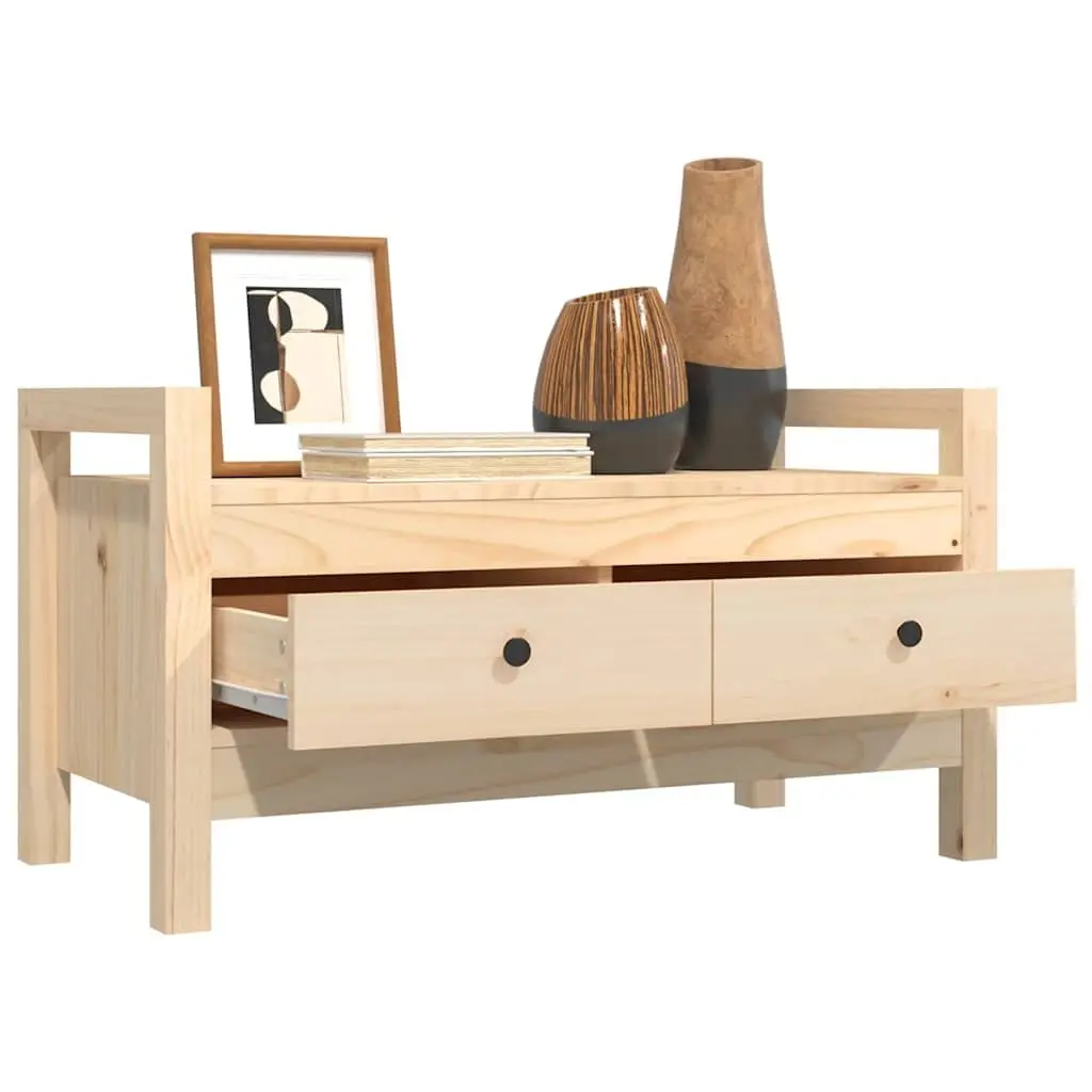 Hall Bench Brown Solid Wood Pine 2 Storage Drawers Entryway Furniture