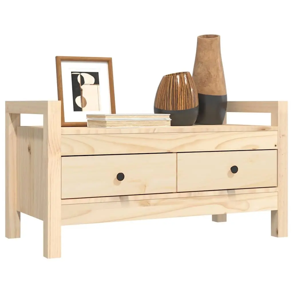 Hall Bench Brown Solid Wood Pine 2 Storage Drawers Entryway Furniture