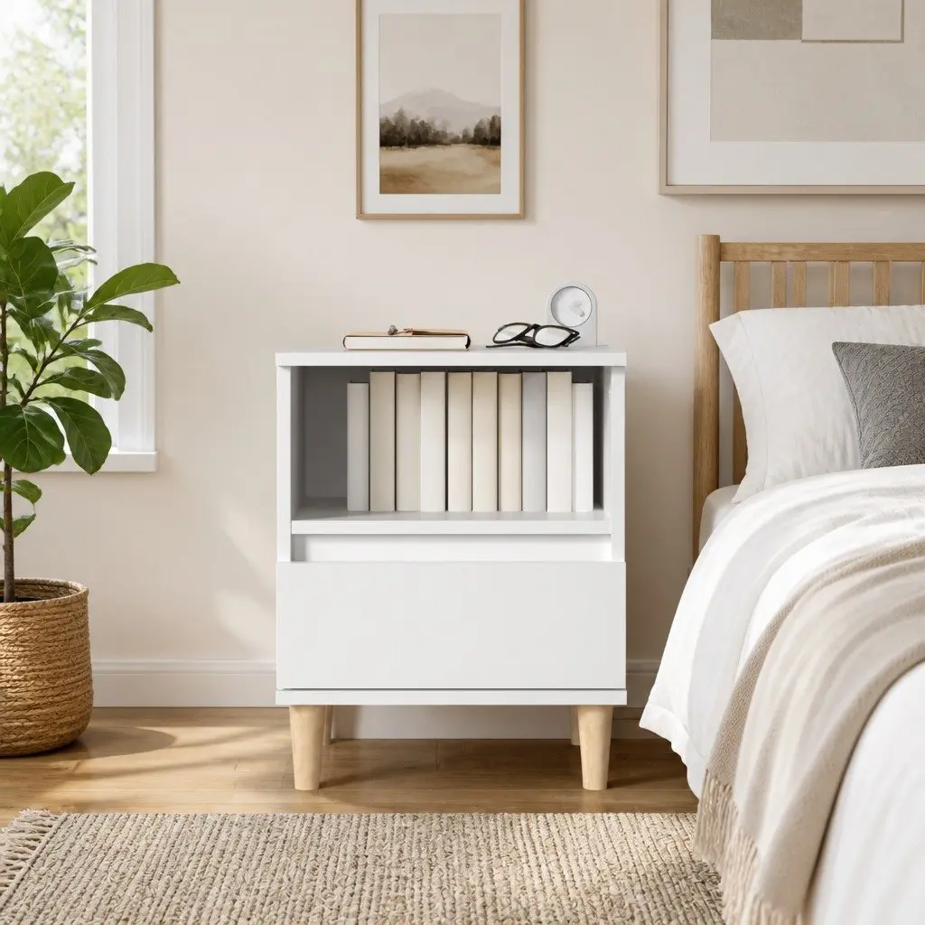 Bedside Table White Engineered Wood 40x35x50cm Drawer Storage Nightstand