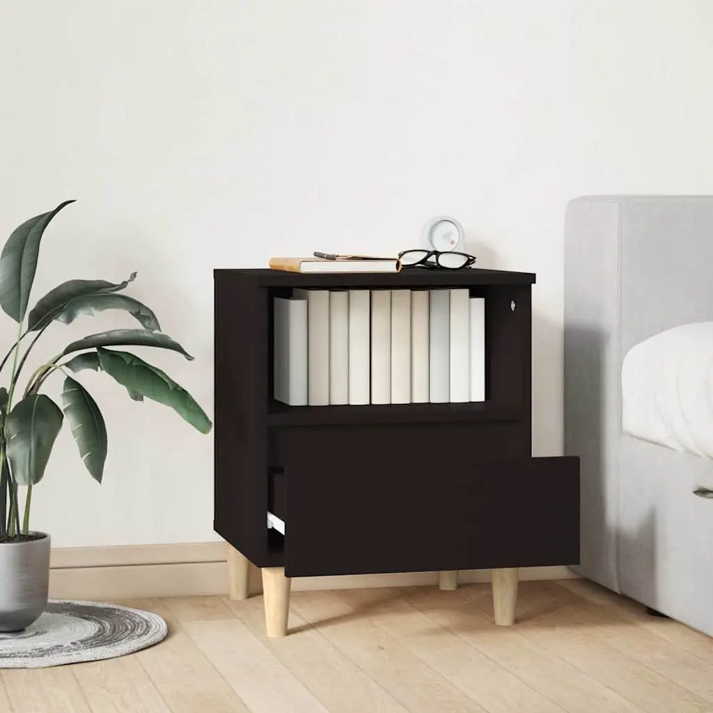 Black Nightstand Engineered Wood Storage Cabinet with Drawer and Compartment for Organised Bedroom Use