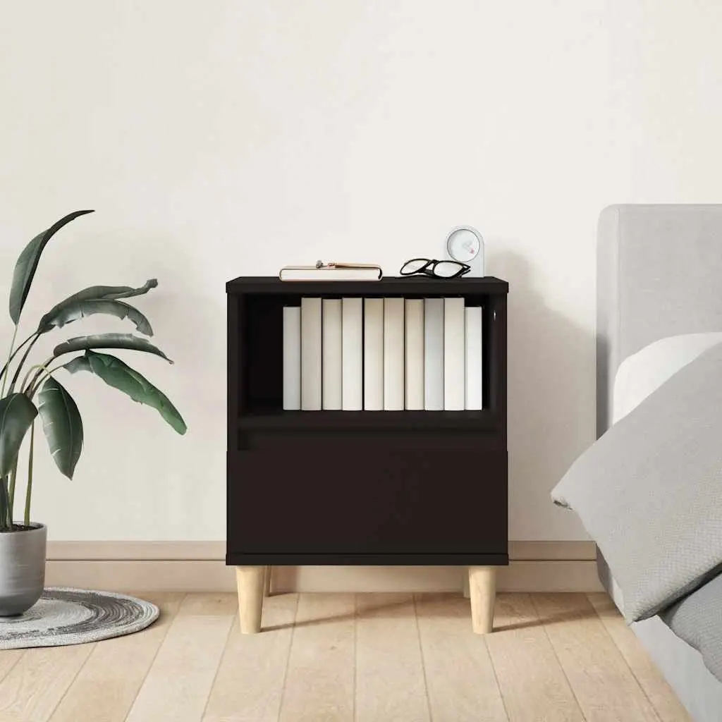 Bedside Cabinet Black 2 Piece Storage Drawer Wooden Legs Nightstand