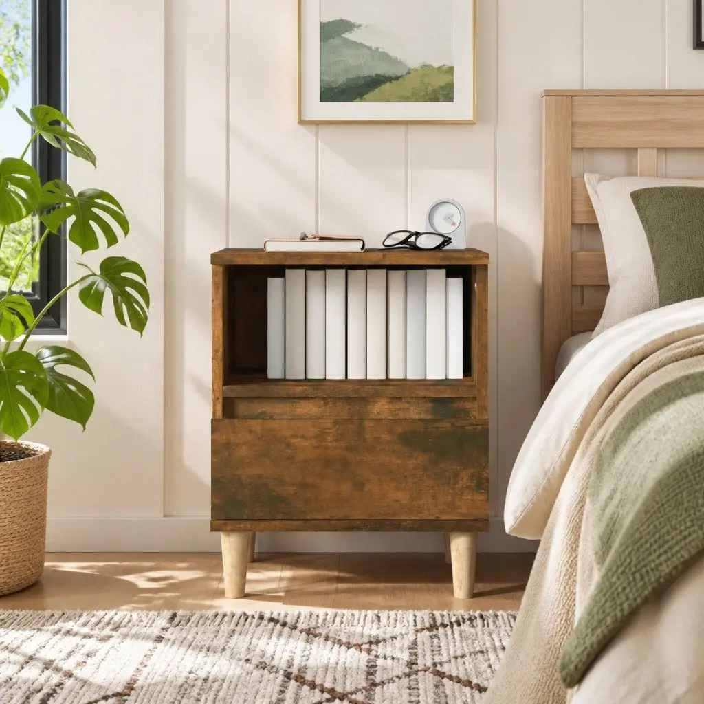 Bedside Table Brown Engineered Wood Storage Drawer Wooden Legs 40x35x50 cm