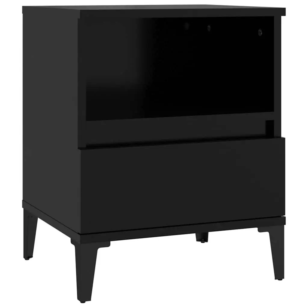 Bedside Table Black Engineered Wood 1 Compartment 1 Drawer Metal Feet