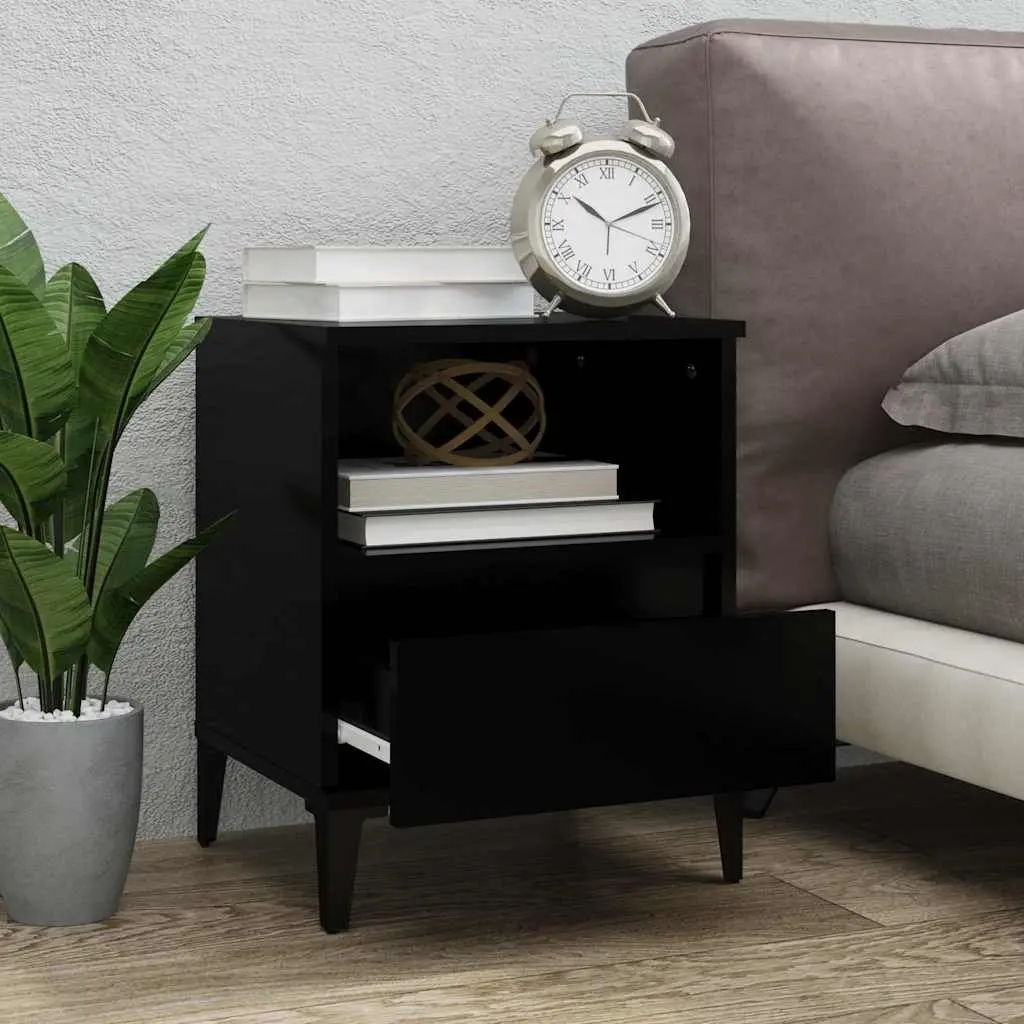 Bedside Table Black Engineered Wood 1 Compartment 1 Drawer Metal Feet