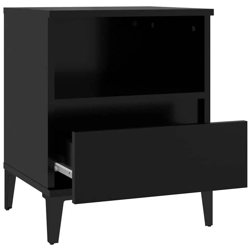 Bedside Table Black Engineered Wood 1 Compartment 1 Drawer Metal Feet