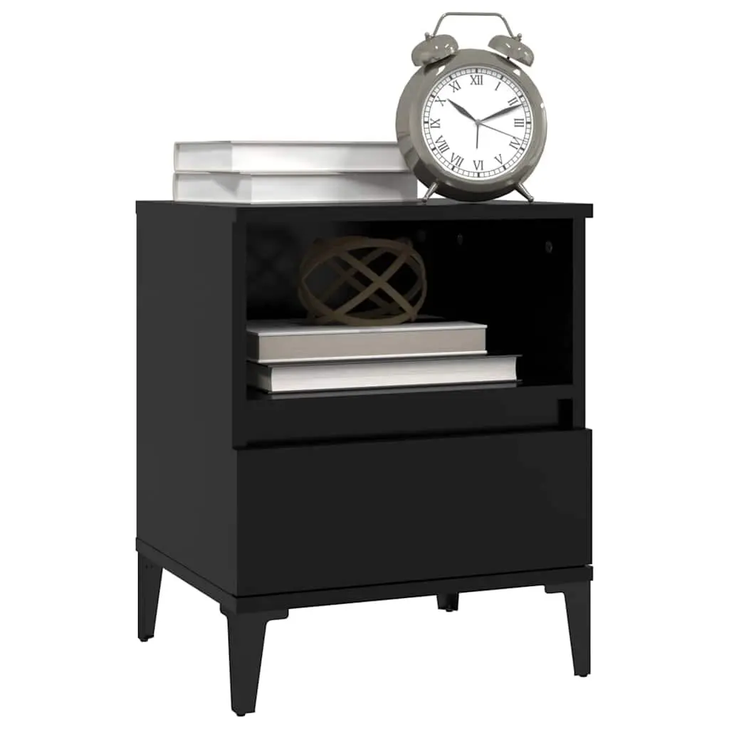 Bedside Table Black Engineered Wood 1 Compartment 1 Drawer Metal Feet