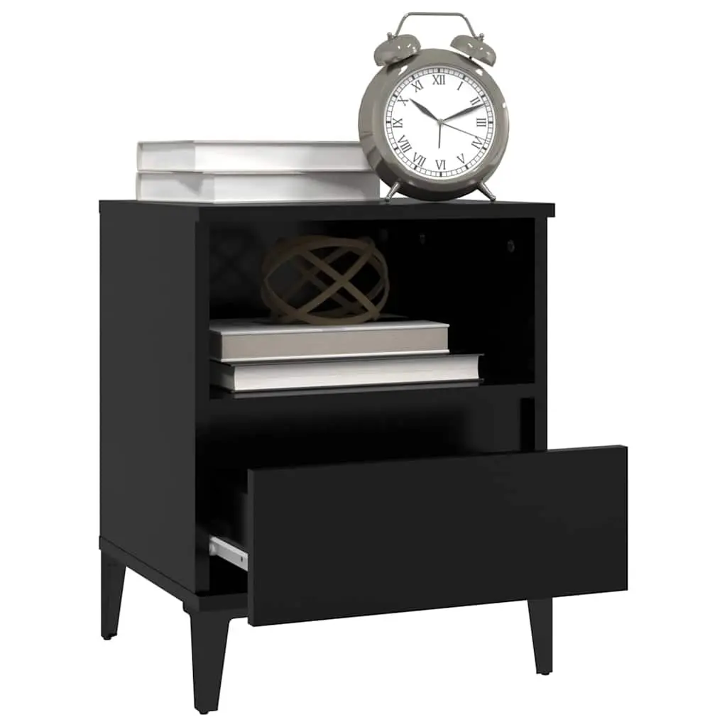 Bedside Table Black Engineered Wood 1 Compartment 1 Drawer Metal Feet