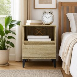 Brown Bedside Cabinet with Storage and Metal Feet