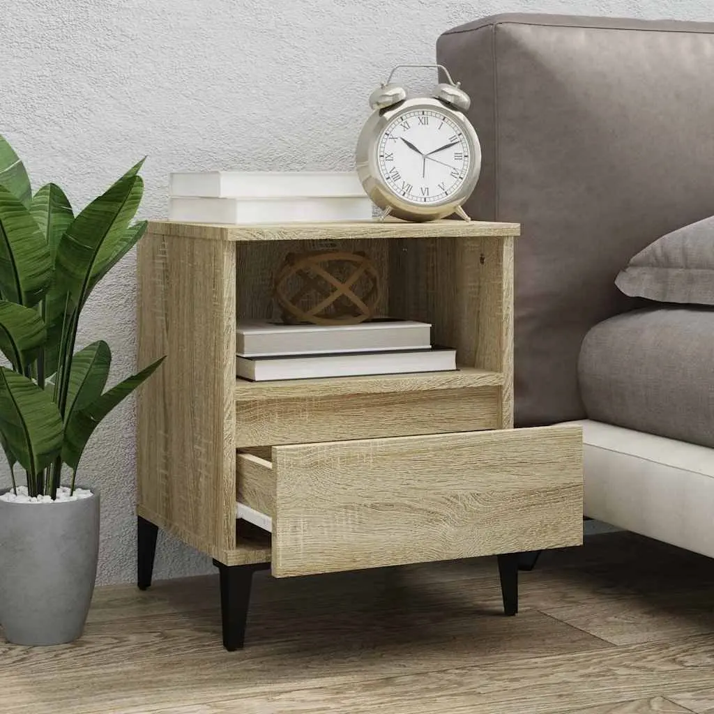Brown Bedside Table Engineered Wood Drawer Storage Compartment Metal Legs 40x35x50cm