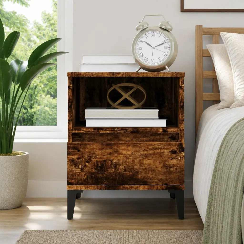Bedside Cabinet Brown Engineered Wood Storage Nightstand with Drawer and Metal Feet