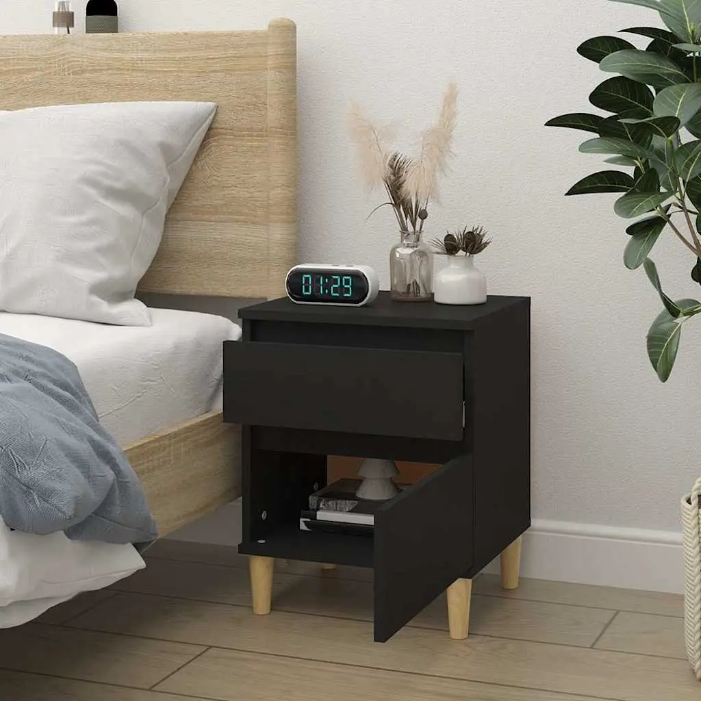 Bedside Table Black Engineered Wood Compact Storage Nightstand