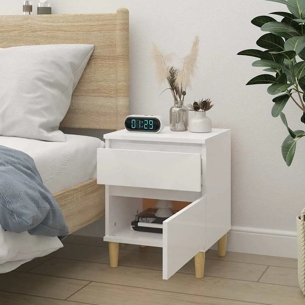 Bedside Cabinet White High Gloss Engineered Wood Storage Nightstand 40 x 35 x 50 cm