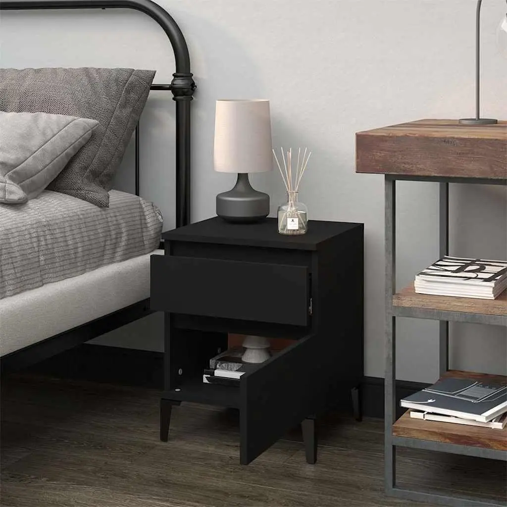 Bedside Cabinet Black Engineered Wood Compact Storage Nightstand