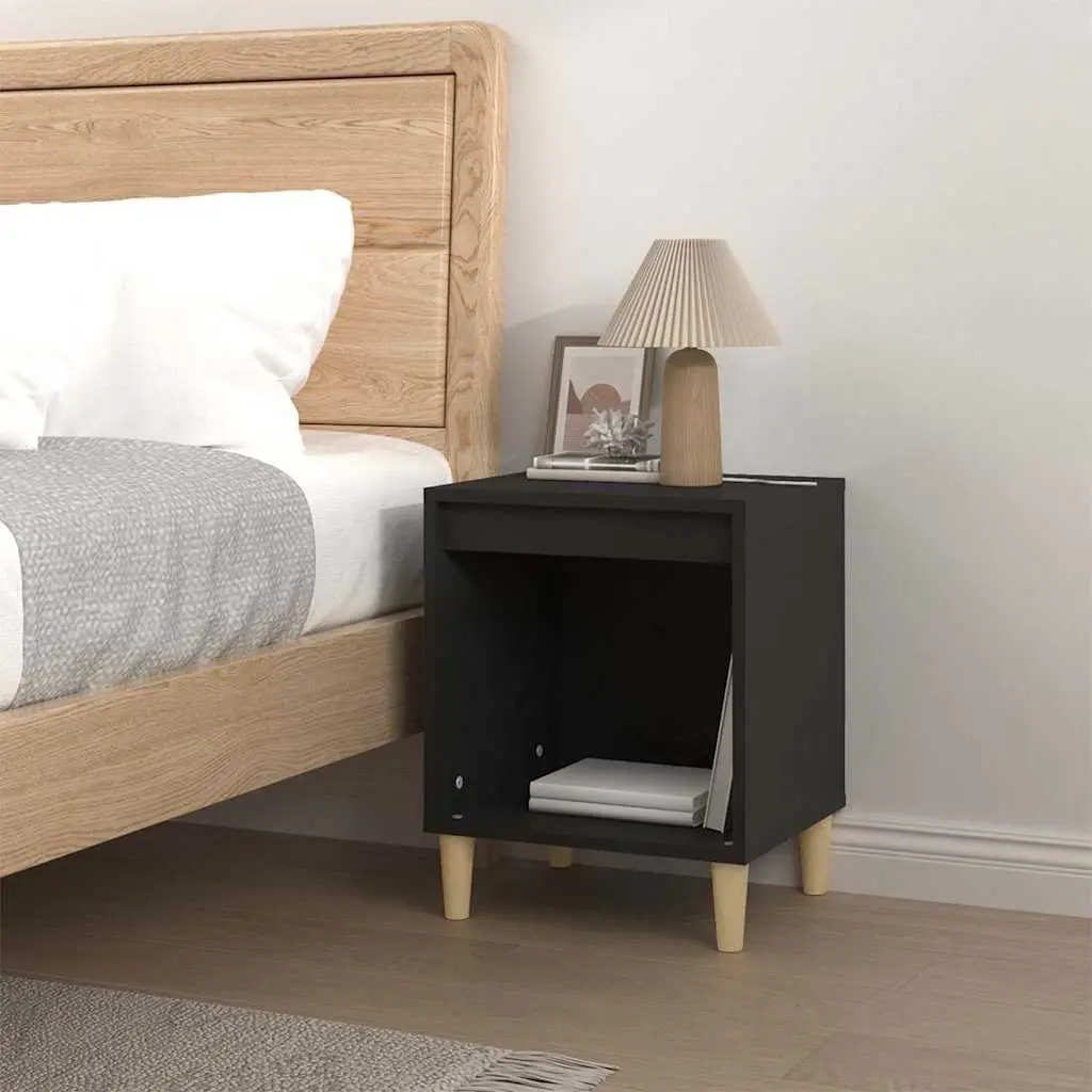 Bedside Table Black Engineered Wood Storage Nightstand Furniture