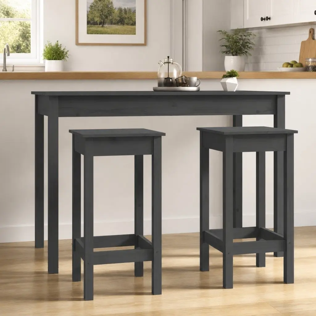 Bar Chairs Grey Backless Solid Pine Wood 2 Piece Kitchen Stools