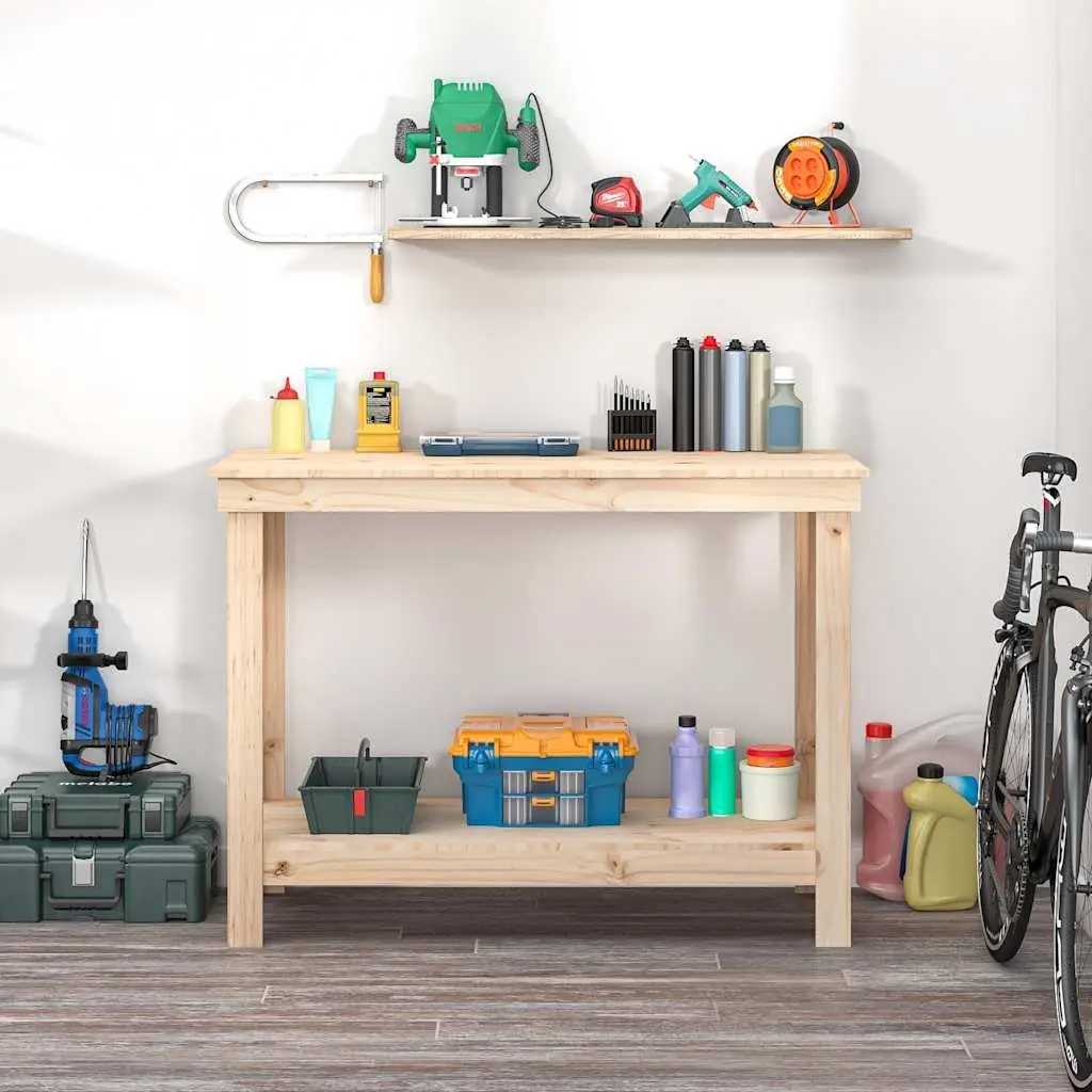 Work Bench Brown Solid Pine Wood 110 x 50 x 80 cm Sturdy Storage Table for Garage Workshop Tool Organiser