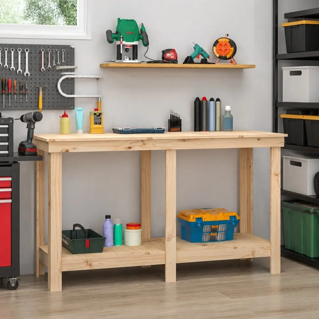 Work Bench Solid Wood Brown 140x50x80 cm Sturdy Frame for Garage Storage