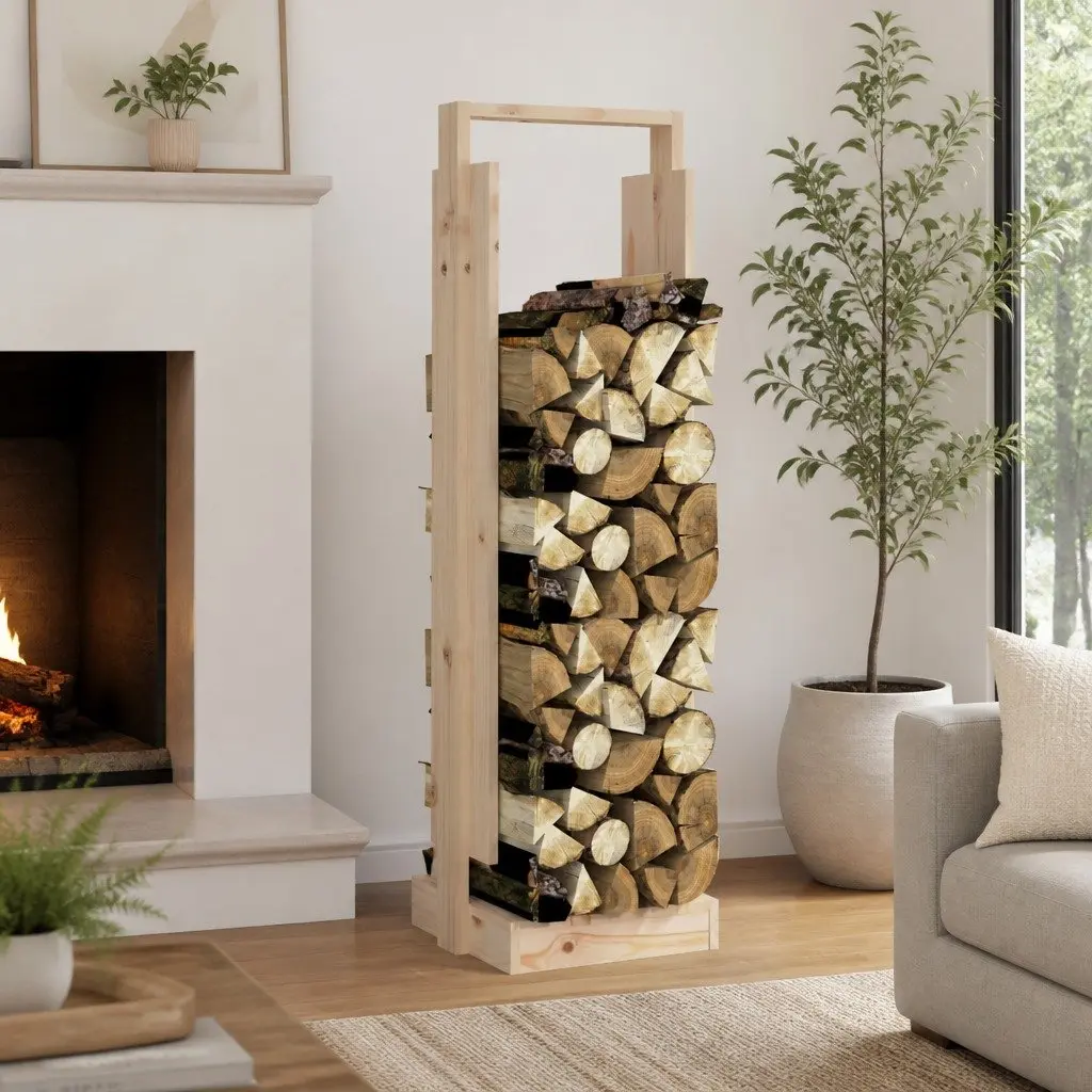 Log Holder Brown Solid Pine Wood Indoor Firewood Storage Rack