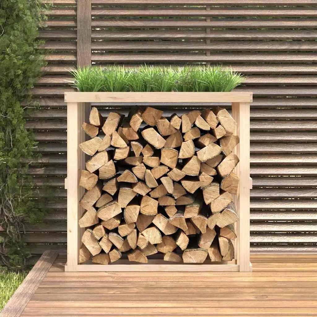 Log Holder Brown Solid Pine Wood Outdoor Storage Stand with Planter Display
