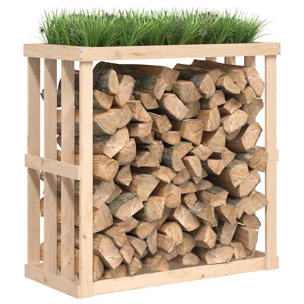 Log Holder Brown Solid Pine Wood Outdoor Storage Stand with Planter Display