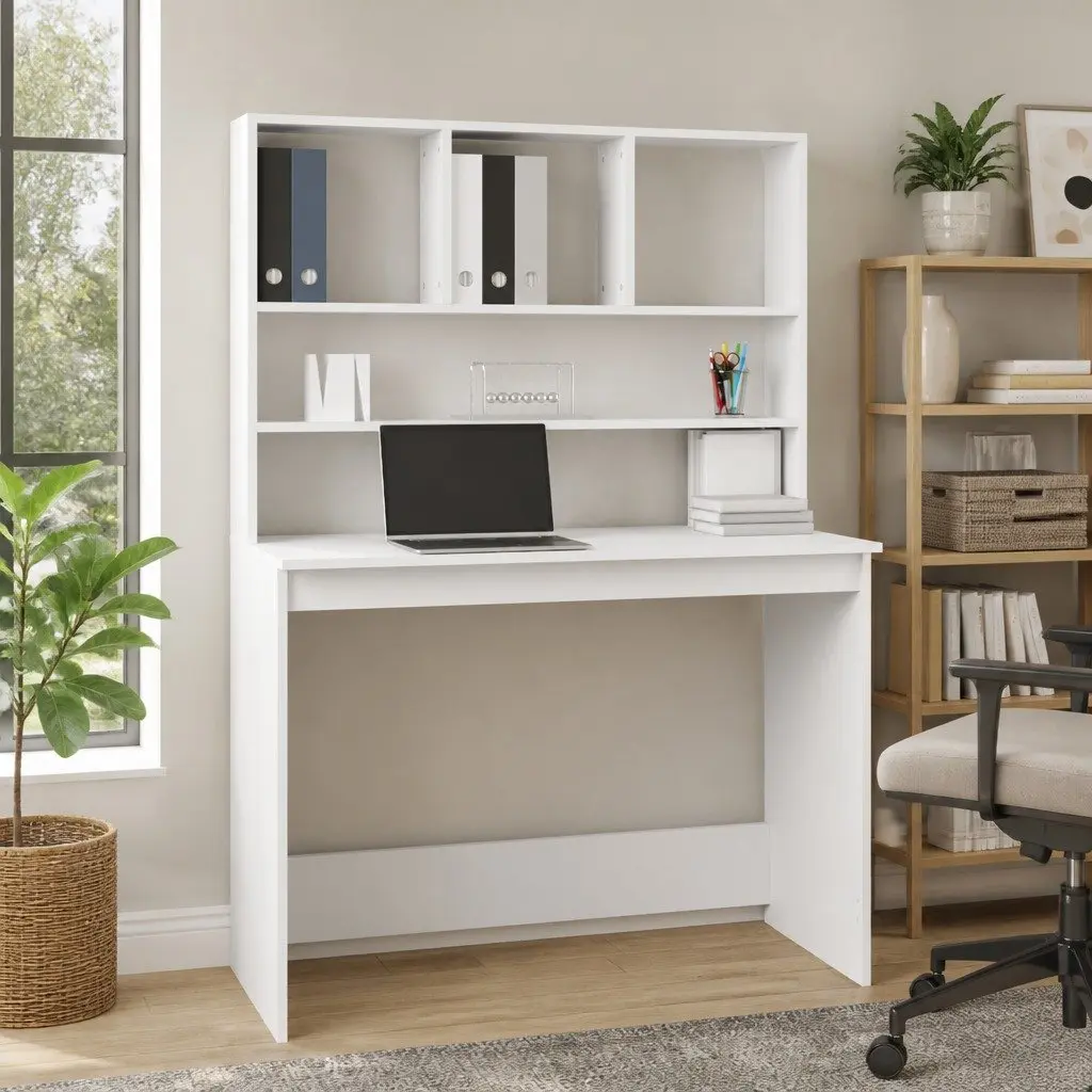 Desk White 102x45x148cm Integrated Shelves Storage Office Study Computer Workstation