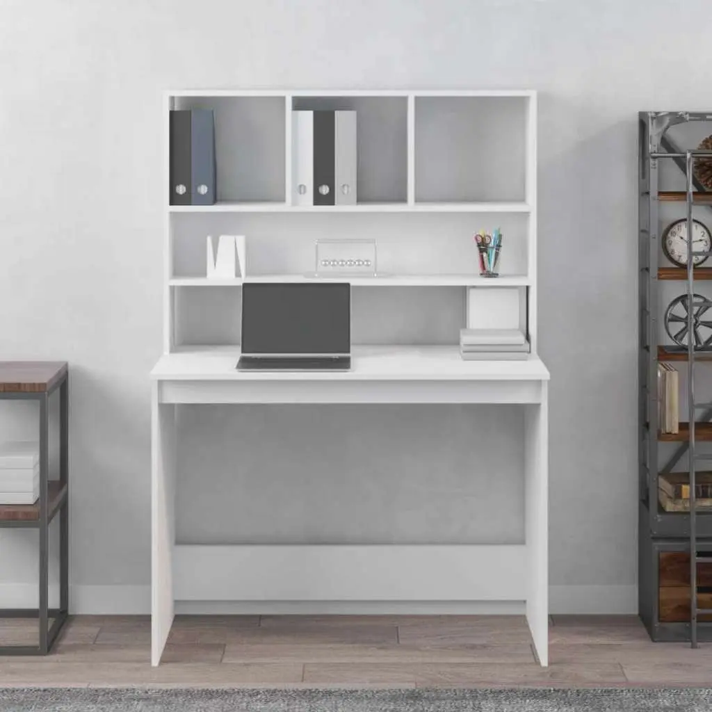 Desk White 102x45x148cm Integrated Shelves Storage Office Study Computer Workstation
