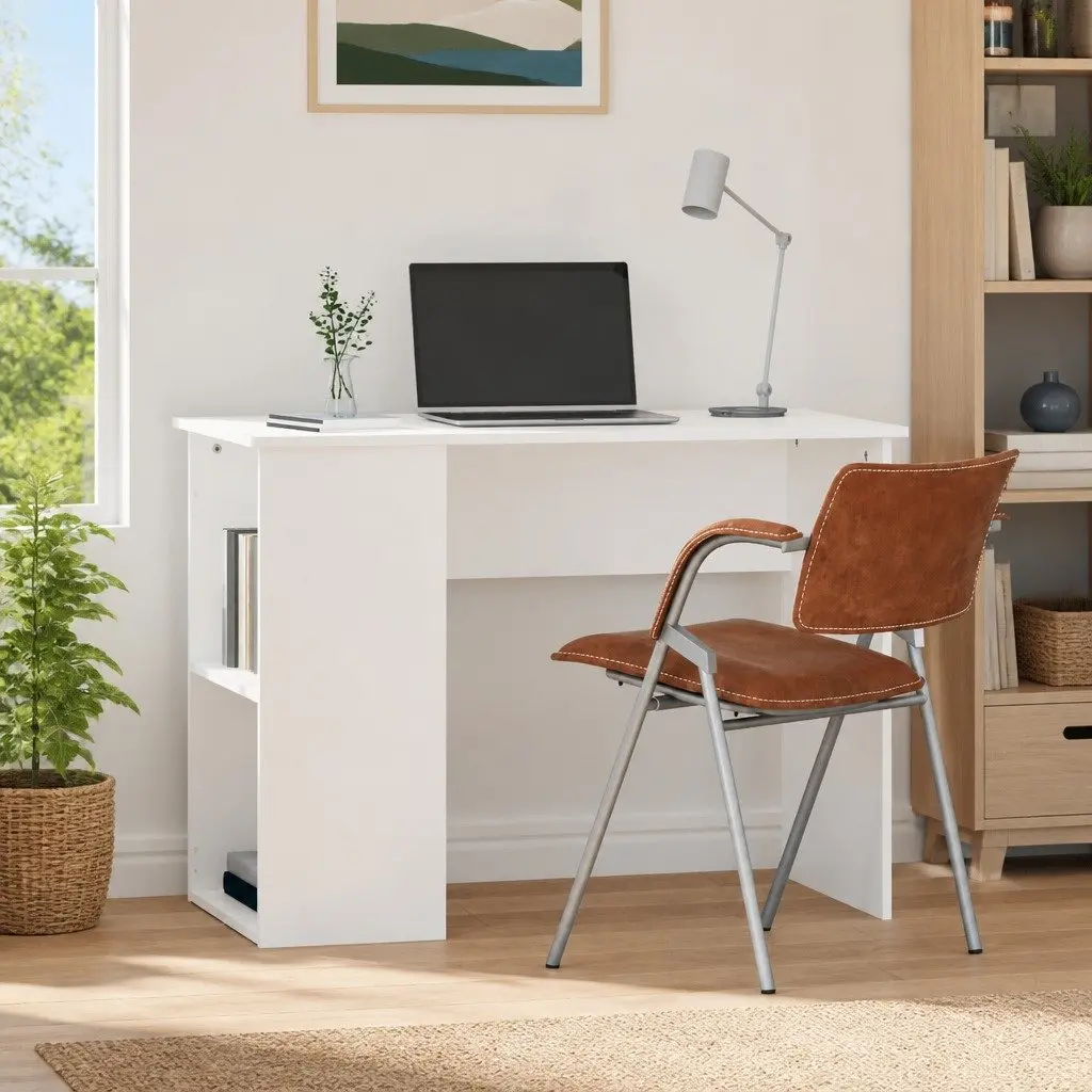 Office Desk White 100x55x75cm Computer Workstation with Storage Shelves