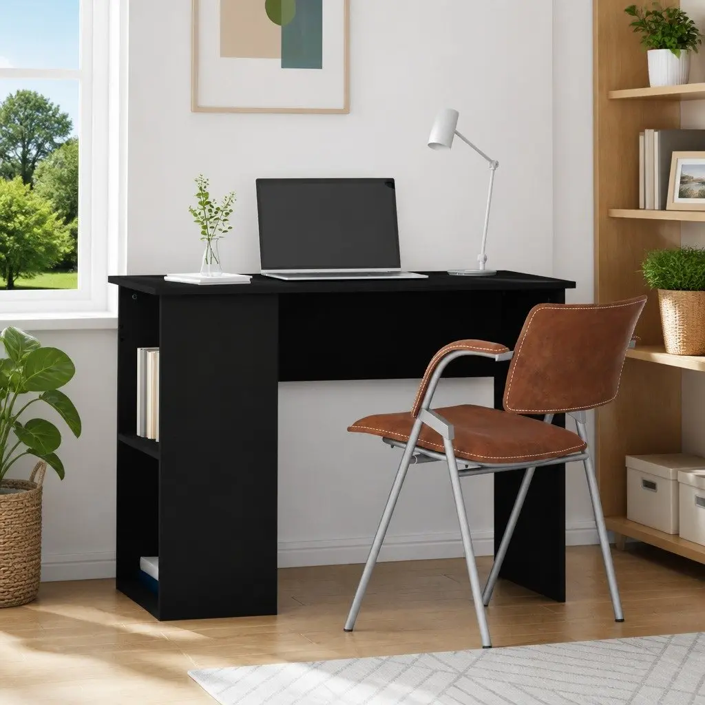 Black Office Desk with Shelves Storage Compartments Study Computer Workstation