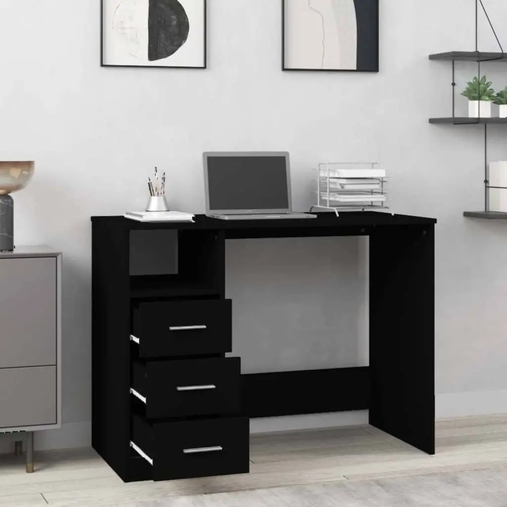 Black Office Desk Engineered Wood with Open Compartment and 3 Drawers for Study Space 102x50x76cm
