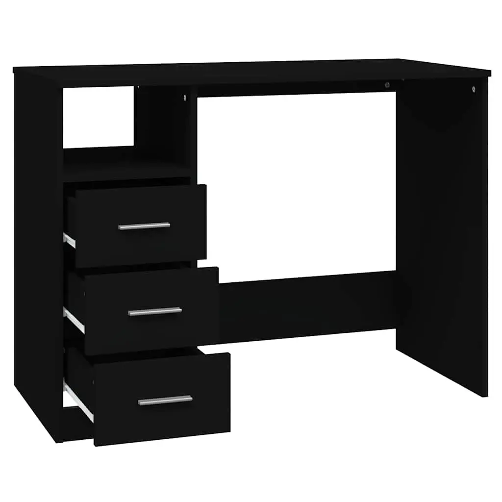 Black Office Desk Engineered Wood with Open Compartment and 3 Drawers for Study Space 102x50x76cm